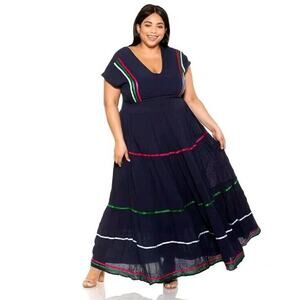 ALEXIA ADMOR Size 2XL Blue V-Neck Tiered Maxi Dress Cap Sleeve